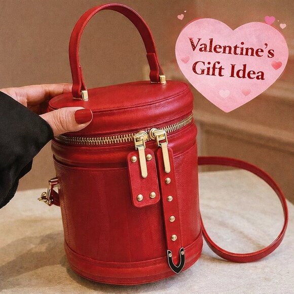 Handbags - Chic Red Cylinder Crossbody Bucket Fun Handbag or Cosmetic Travel Makeup Bag